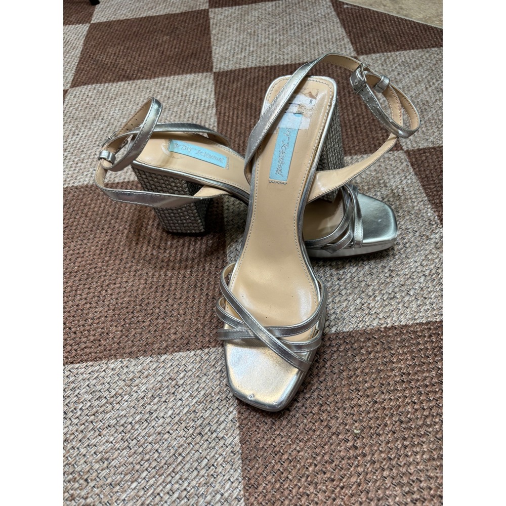 Betsey Johnson SB-ZHARA Silver Metallic Rhinestone Block Heel Platform Sandals 9